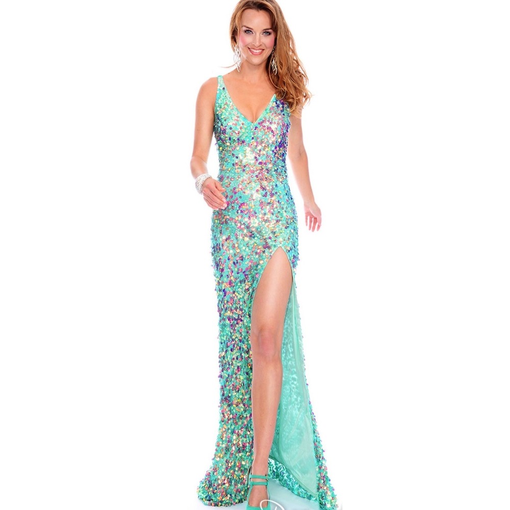 Precious Formals Sequin Maxi Dress Aqua Iridescent Open Back Prom Gown 6 READ